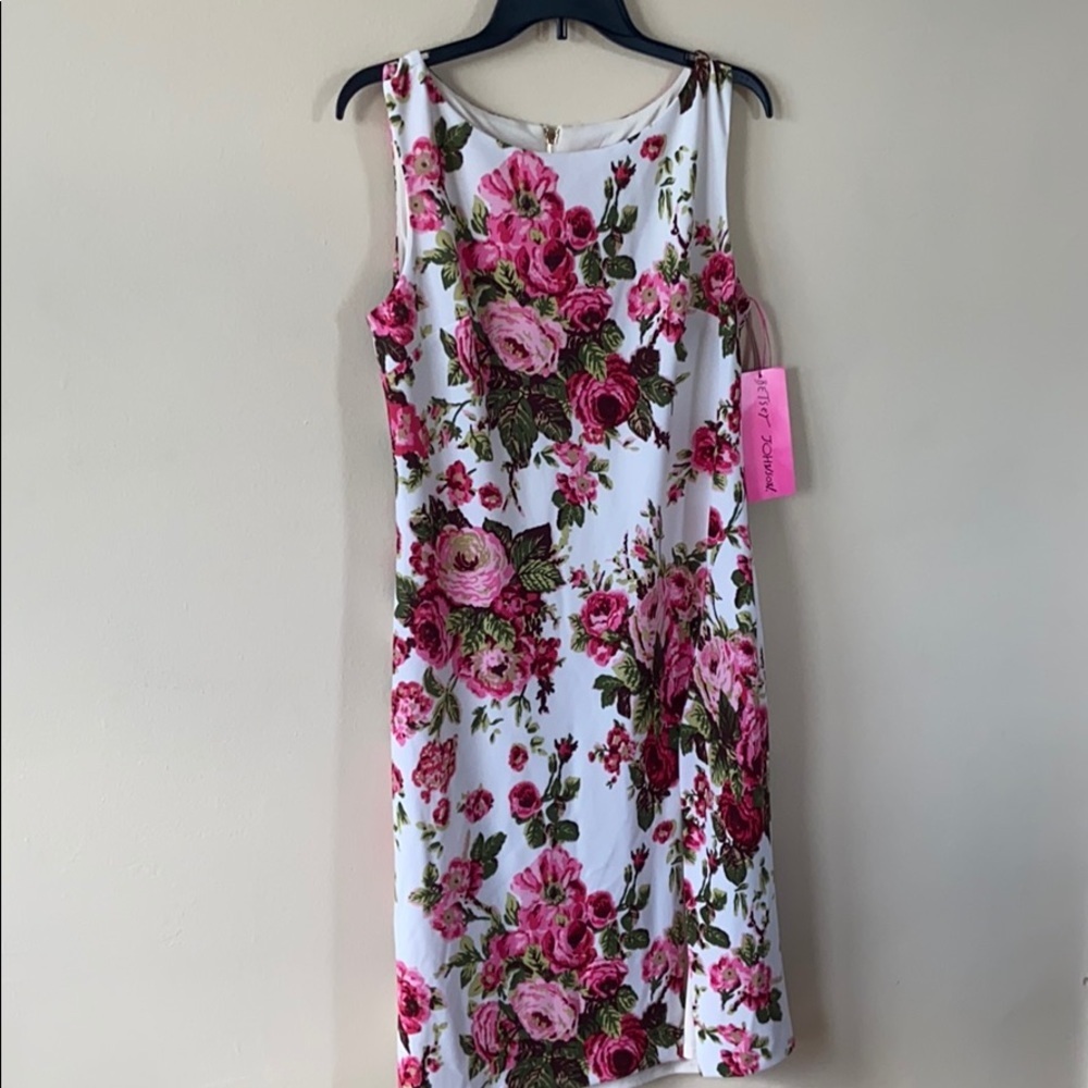 New Betsey Johnson Roses Floral Dress White Pink Size 10 Body Con Short Mini - Picture 7 of 8
